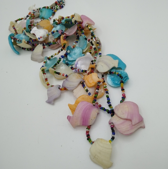 Pastel Dyed Seashell Fish Colorful Multi Strand Seed Bead Necklace 27" Vintage - Picture 12 of 14